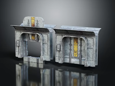 Two Decorative Entrance Gates With Gray Stone Design And Yellow Accent Details 3d model