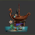 Cartoon Pirate Ship Model With Red Hull Skull Flag And Figure On Blue Wave Base