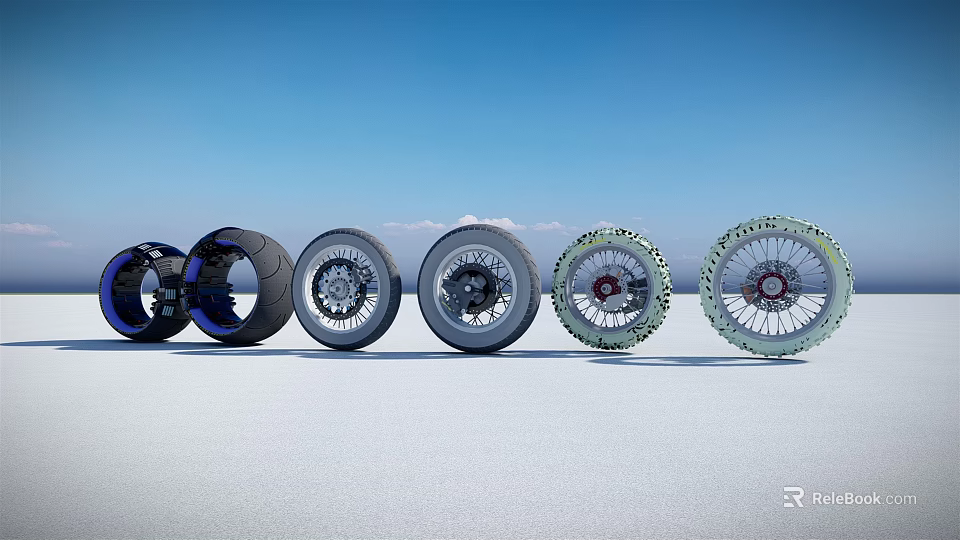 Various Motorcycle Tires With Different Tread Patterns And Rim Designs On 3d model