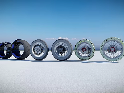 Various Motorcycle Tires With Different Tread Patterns And Rim Designs On 3d model