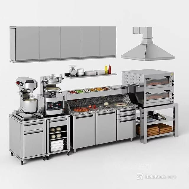 Functional Kitchen Worktable With Grey Cabinets Range Hood Mixer And Pizza Oven 3d model
