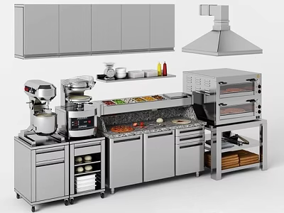 Functional Kitchen Worktable With Grey Cabinets Range Hood Mixer And Pizza Oven 3d model