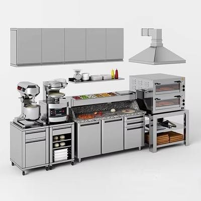 Functional Kitchen Worktable With Grey Cabinets Range Hood Mixer And Pizza Oven 3d model