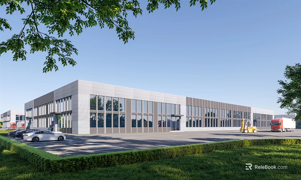 Modern Industrial Factory Building With Large Glass Windows Metal Exterior Parking Area And Green Landscaping 3d model 