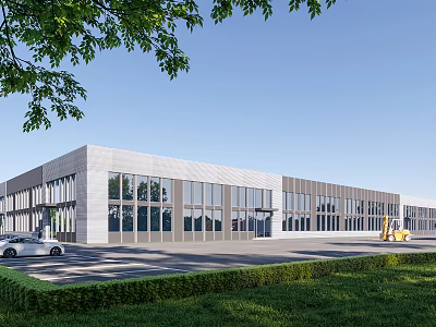 Modern Industrial Factory Building With Large Glass Windows Metal Exterior Parking Area And Green Landscaping 3d model