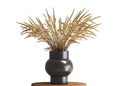 Stylish Decorative Ornament Set with Black Vase Golden Grass Decor and Wooden Base 3d model