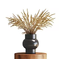 Stylish Decorative Ornament Set with Black Vase Golden Grass Decor and Wooden Base