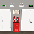 White Double Doors With Fire Extinguishers Red Cabinet And Safety Exit Signs
