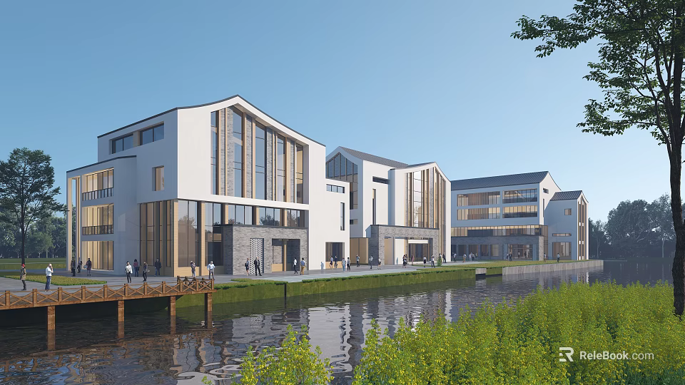 Modern White Office Buildings With Glass Curtain Walls By Waterfront Wooden Boardwalk And Greenery 3d model 