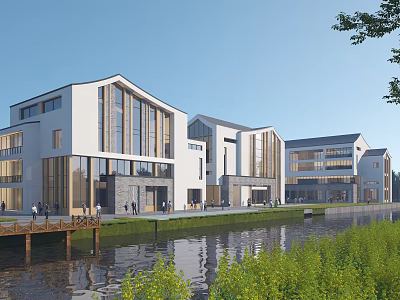 Modern White Office Buildings With Glass Curtain Walls By Waterfront Wooden Boardwalk And Greenery 3d model