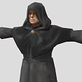 A Man Wearing Black Hooded Robe With Arms Outstretched Standing Isolated On Gray Background
