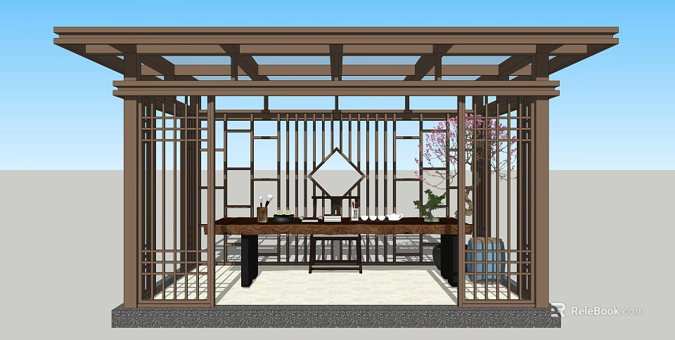 Chinese Style Wooden Pavilion Interior With Lattice Doors Wooden Table And Cherry Blossom Tree 3d model 