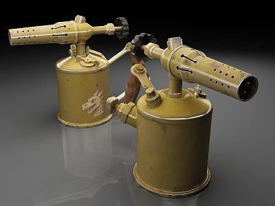 Two Vintage Yellow Metal Blowtorches Featuring Nozzles And Fuel Tanks 3d model