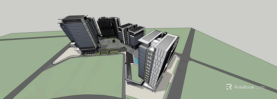Modern Office Building Complex With Multiple High Rise Structures And Green Plaza 3d model 