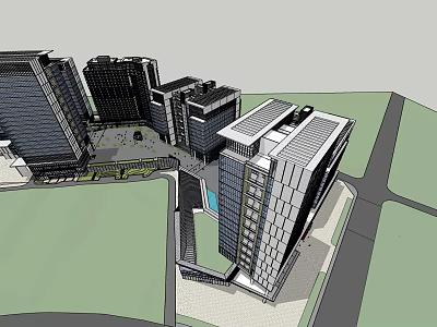 Modern Office Building Complex With Multiple High Rise Structures And Green Plaza 3d model