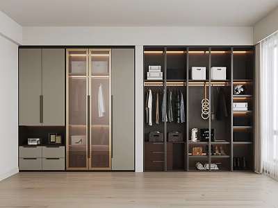 Modern Wardrobe Interior Design With Sliding Glass Doors Open Storage Hanging Space And Drawers 3d model