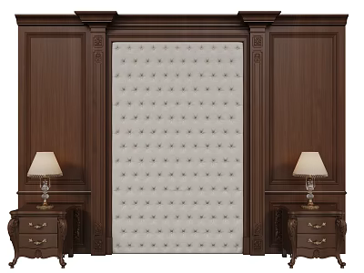 Elegant Bed Accent Wall With Tufted Upholstery Dark Wood Paneling And Nightstands With Table Lamps 3d model