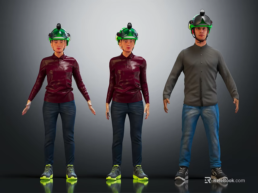 Three People Wearing Headset Standing In Dark Background With Casual Clothing 3d model 