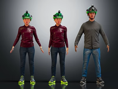 Three People Wearing Headset Standing In Dark Background With Casual Clothing 3d model