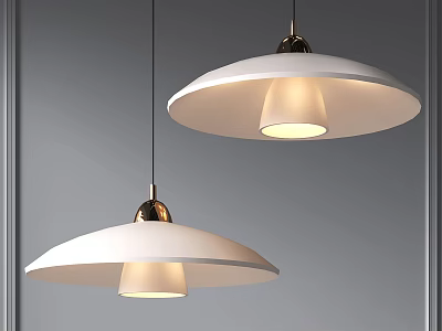 Modern Pendant Lights With White Shades And Brass Accents Illuminated Against Gray Wall 3d model