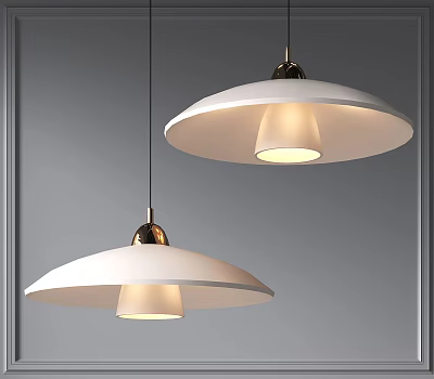 Modern Pendant Lights With White Shades And Brass Accents Illuminated Against Gray Wall 3d model