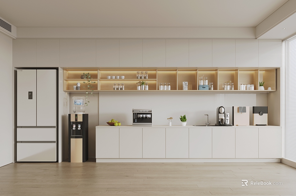 Modern Minimalist Pantry Interior With White Cabinets Coffee Machine And Green Plants 3d model 