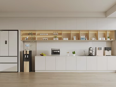 Modern Minimalist Pantry Interior With White Cabinets Coffee Machine And Green Plants 3d model