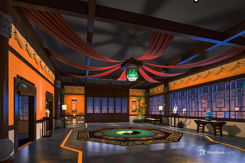 Traditional Interior Design With Orange Walls Wooden Beam Ceiling Red Draperies And Green Pendant Light 3d model 