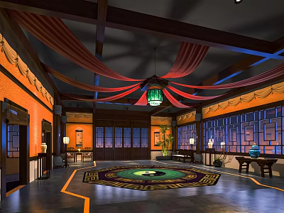 Traditional Interior Design With Orange Walls Wooden Beam Ceiling Red Draperies And Green Pendant Light 3d model