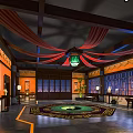 Traditional Interior Design With Orange Walls Wooden Beam Ceiling Red Draperies And Green Pendant Light