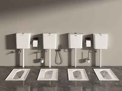 Four White Wall Mounted Squat Toilets In Modern Bathroom With Clean Design 3d model