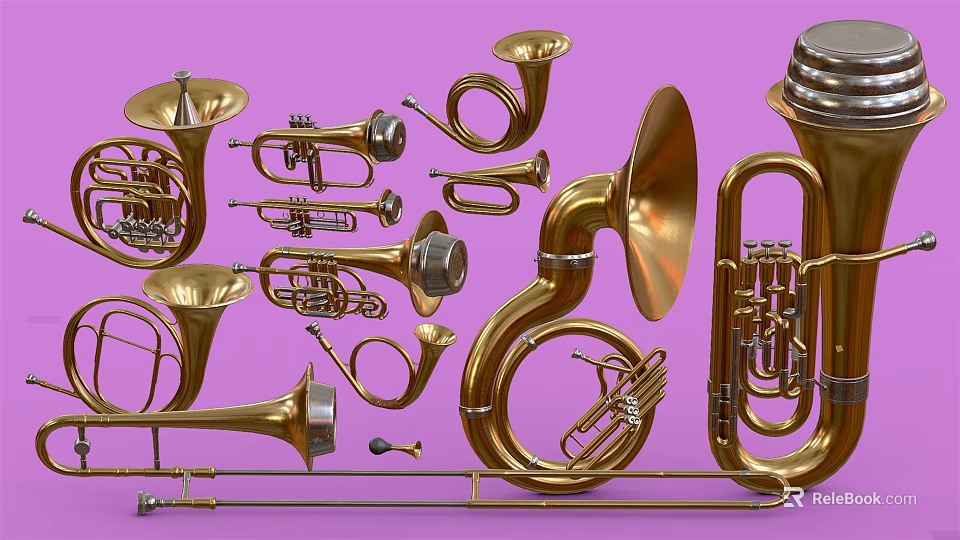 Artistic Display of Golden Brass Instruments and Art Supplies on Purple Background 3d model 