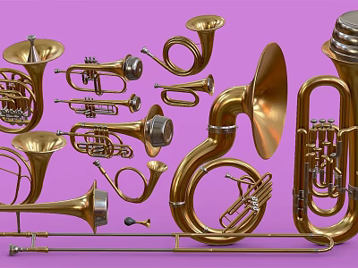 Artistic Display of Golden Brass Instruments and Art Supplies on Purple Background 3d model