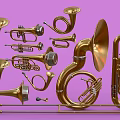 Artistic Display of Golden Brass Instruments and Art Supplies on Purple Background