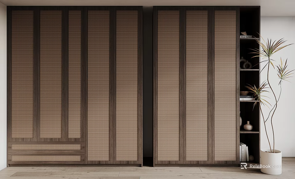 Modern Wooden Wardrobe Interior With Double Doors And Lattice Panel Design 3d model 