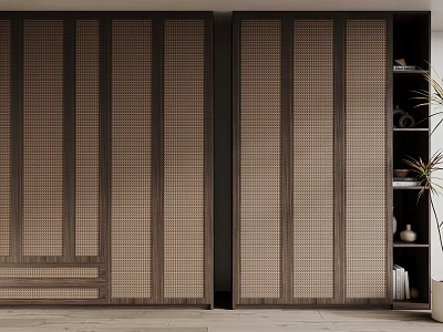 Modern Wooden Wardrobe Interior With Double Doors And Lattice Panel Design 3d model