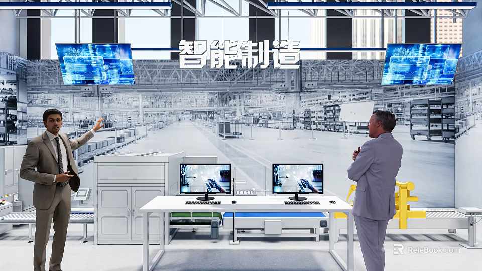 Intelligent Manufacturing Factory Control Room With Monitoring Screens And Operators 3d model 