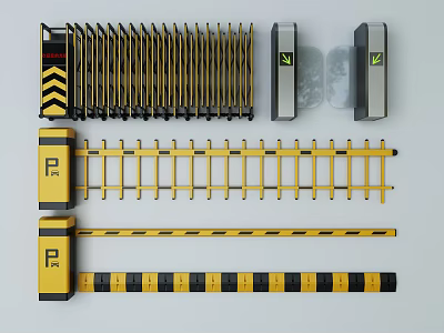 Public Facility Parking Space With Yellow Black Striped Metal Fences Barriers And P Marked Pillars 3d model