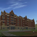Elegant Red Brick Residential Building with Classical European Style Surrounded by Green Trees and Lawn