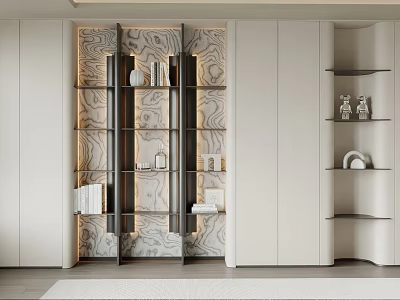 Modern Layered Bookcase With White Cabinetry Geometric Patterned Wall And Decorative Items 3d model