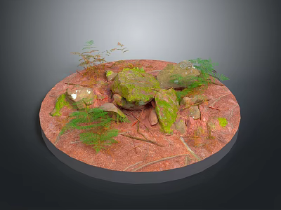 Natural Stone Wood Scene With Green Plants On Circular Red Platform Surface 3d model
