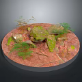 Natural Stone Wood Scene With Green Plants On Circular Red Platform Surface
