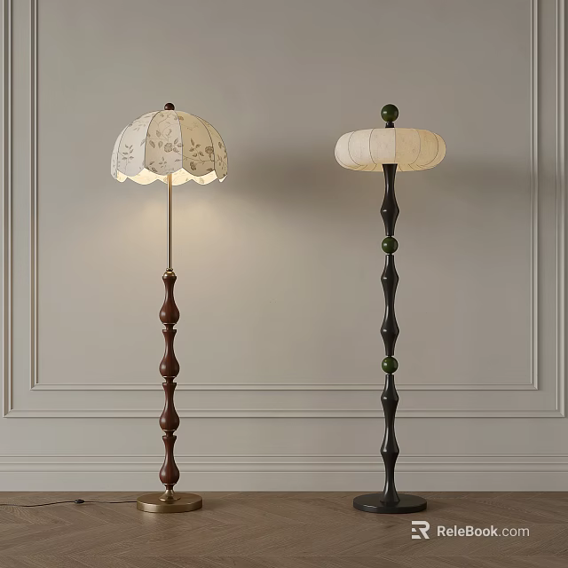 Elegant Floor Lamps With Patterned Lampshades And Beaded Wooden Black Poles 3d model 