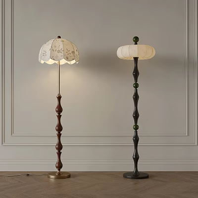 Elegant Floor Lamps With Patterned Lampshades And Beaded Wooden Black Poles 3d model