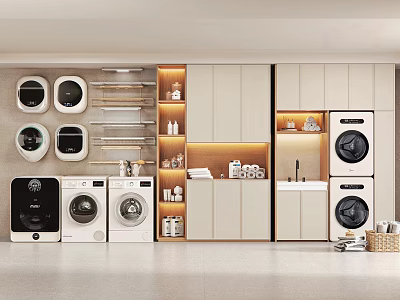 Modern Laundry Room Interior With Stacked Washers Dryers Cabinets And Storage Shelves 3d model