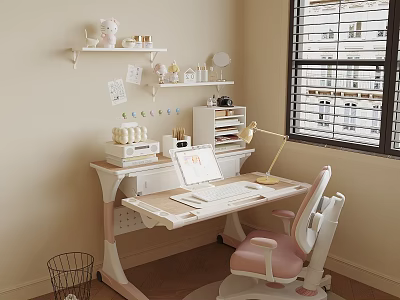 Cozy Home Desk Setup With Laptop Desk Lamp Pink White Chair And Wall Shelf Decorations 3d model