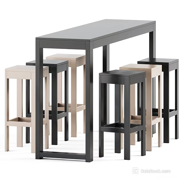 Modern Table and Chair Set with Black Frame and Beige Stools for Home Dining Area 3d model 