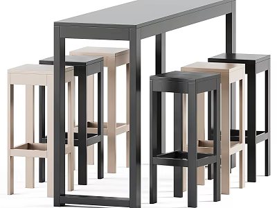 Modern Table and Chair Set with Black Frame and Beige Stools for Home Dining Area 3d model