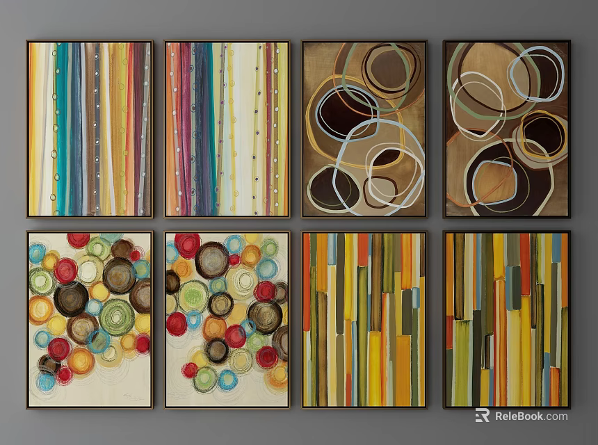 Six Abstract Wall Art Paintings With Colorful Geometric Patterns For Interior Decor 3d model