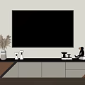 Sleek Modern TV Stand in Gray and Brown with Wall Mounted TV and Decorative Ornaments